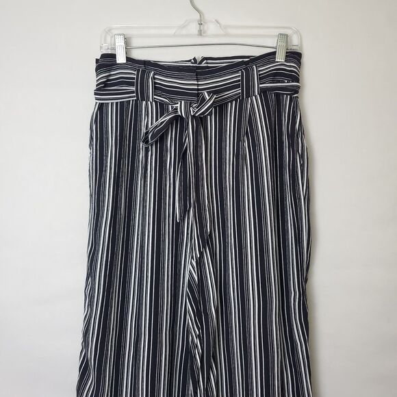 Express Wide Leg Pants Size 8 High Rise Black White Striped Belted Work Career - Picture 3 of 8